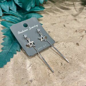 Sparkling Star Sterling Silver Rod Bar Dangle Clip On Earrings